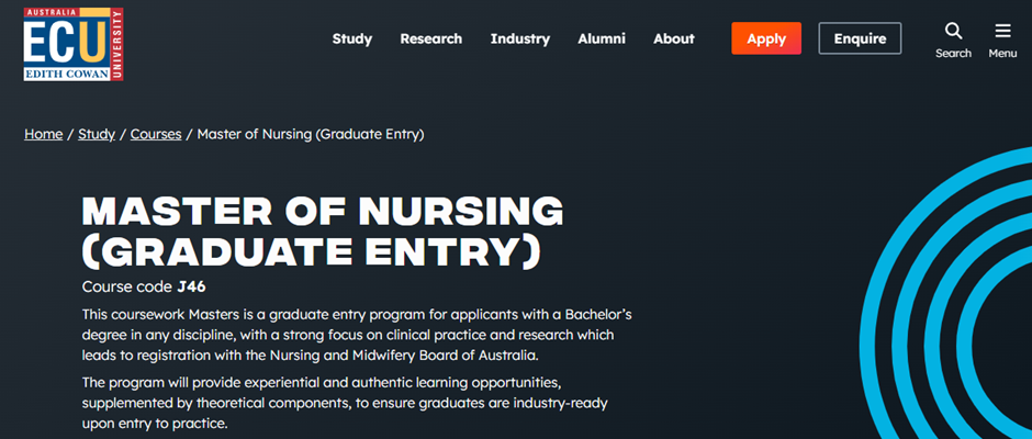 伊迪斯科文大学 / Edith Cowen University (ECU) / Master of Nursing (Graduate Entry)