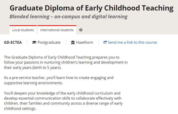 斯文本大学 Graduate Diploma of Early Childhood Teaching