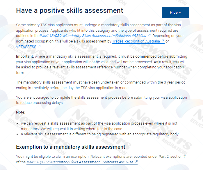 关于482签证申请提供positive skills assessment的相关要求