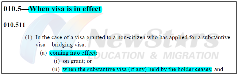 根据Clause 010.511(1)(a)(ii)，当手中持的有实质性签证ceases后，过桥A才会coming into effect：
