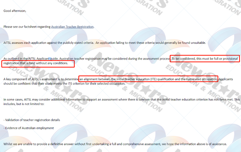 AITSL在给我们客户回复的邮件中，更加详细地说了他们在审理时候会考虑学历与提名职业的关联性