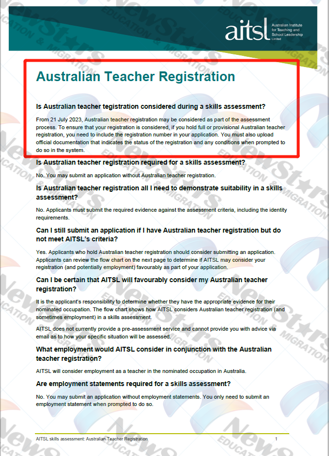 AITSL在2023年7月更新的关于通过注册教师资格来获得职评的fact sheet